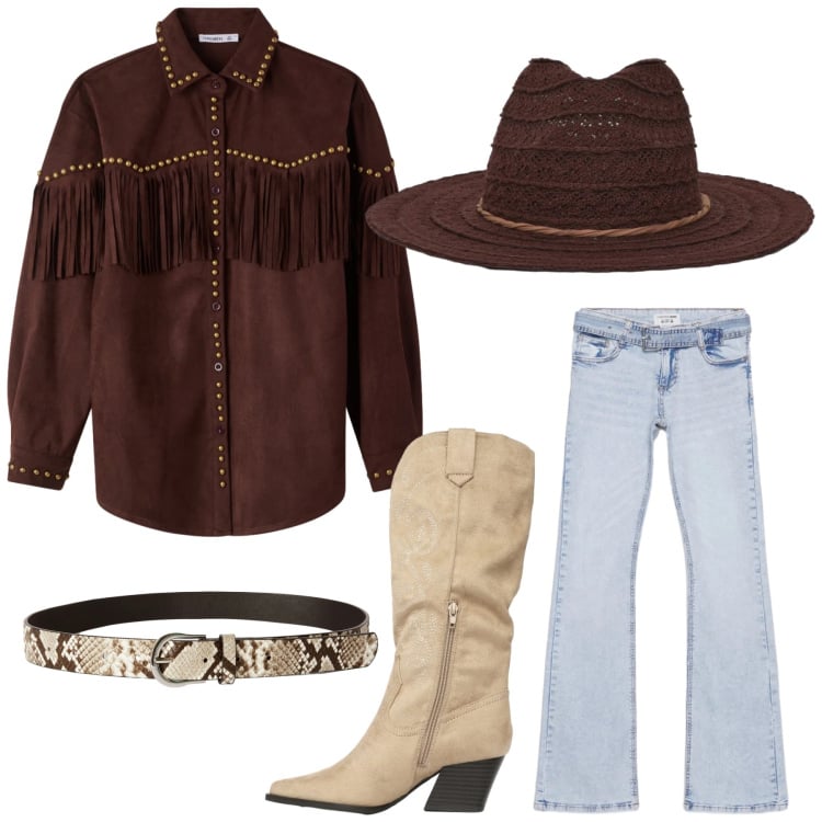 Outfit donna - Total look #2365763. Stile Urban per Tutti i giorni. Abbinamento con camicie, cinture, stivali, jeans a zampa, cappelli.