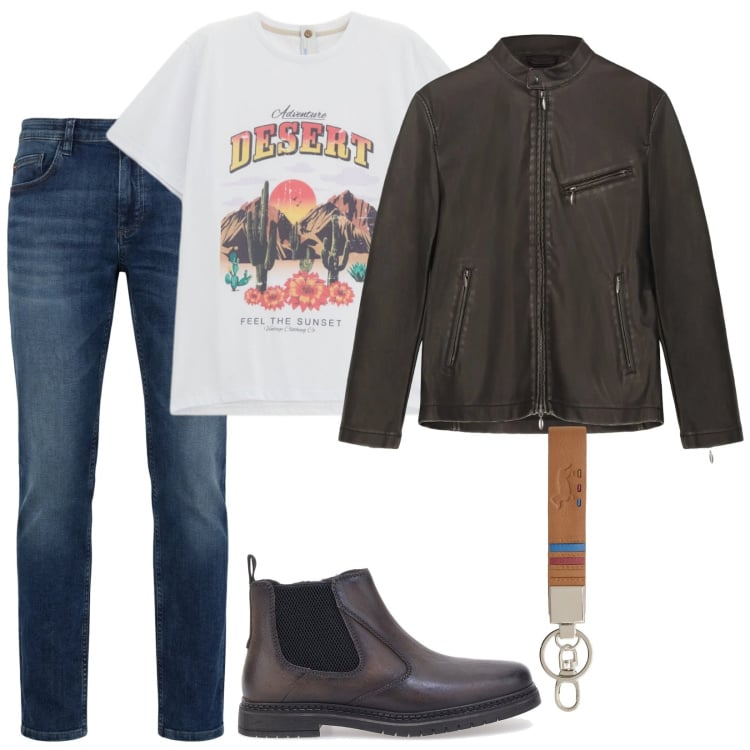 Outfit uomo - Born to be wild. Stile Biker Rock per Tutti i giorni. Abbinamento con portachiavi, jeans, t-shirt, giacche, stivali e stivaletti.