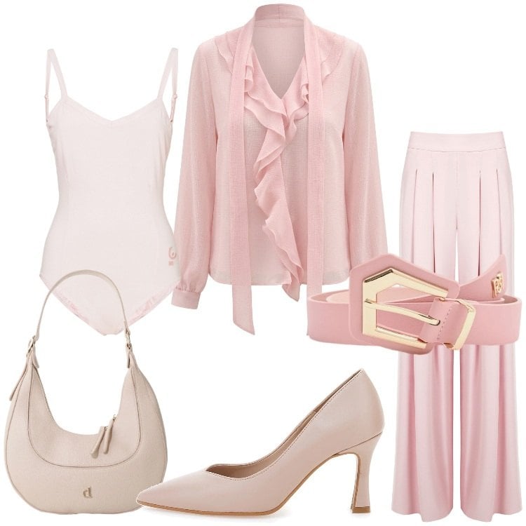 Outfit donna - Stile romantico primaverile. Stile Romantica per Serata fuori. Abbinamento con cinture, pantaloni a palazzo, bluse, borse a tracolla, body, décolleté.