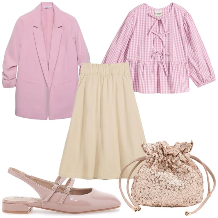 Outfit donna - Stile romantico primaverile : rosa e bei. Stile Romantica per Tutti i giorni. Abbinamento con bluse, gonne, blazer, pochette, ballerine.
