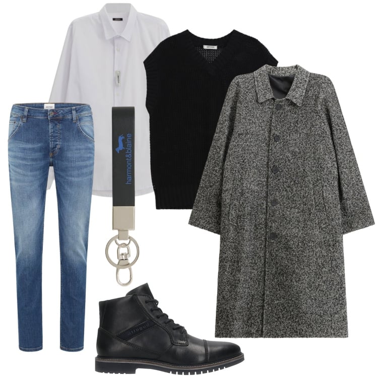 Outfit uomo - Una serata. Stile Trendy per Serata speciale. Abbinamento con jeans dritti, portachiavi, camicie, maglieria, cappotti, anfibi.