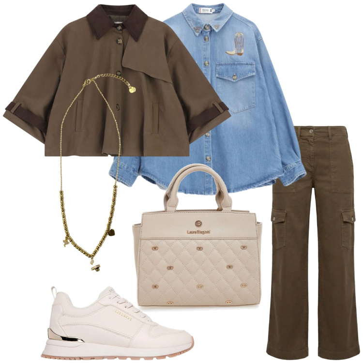 Outfit donna - Total look #2365784. Stile Trendy per Tutti i giorni. Abbinamento con pantaloni cargo, camicie, parka, ciondoli, sneakers, borse a mano.