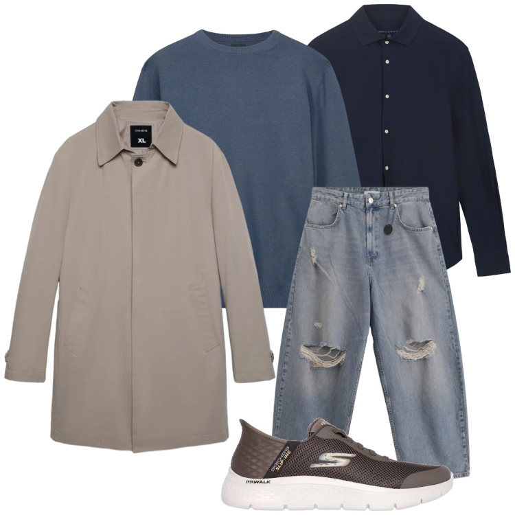 Outfit uomo - Total look #2365788. Stile Trendy per Tutti i giorni. Abbinamento con jeans strappati, maglieria, camicie, trench, sneakers.