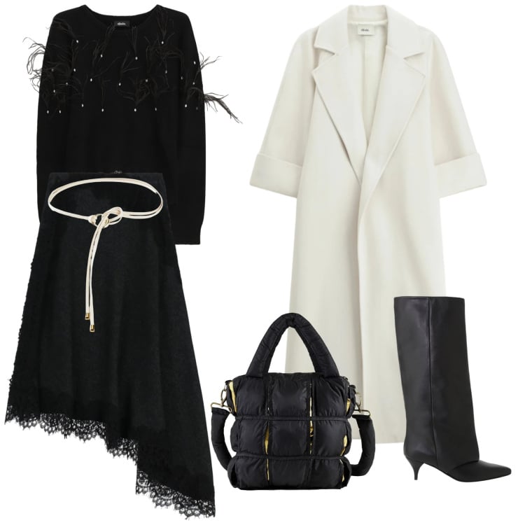 Outfit donna - Nero per scelta. Stile Casual chic per Serata fuori. Abbinamento con cinture, borse a mano, gonne lunghe, stivali, maglieria, cappotti.