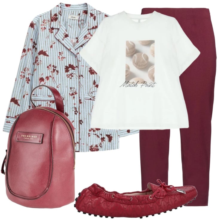 Outfit donna - Total look casual bordeaux. Stile Casual chic per Tutti i giorni. Abbinamento con zaini, pantaloni, mocassini, t-shirt, camicie.