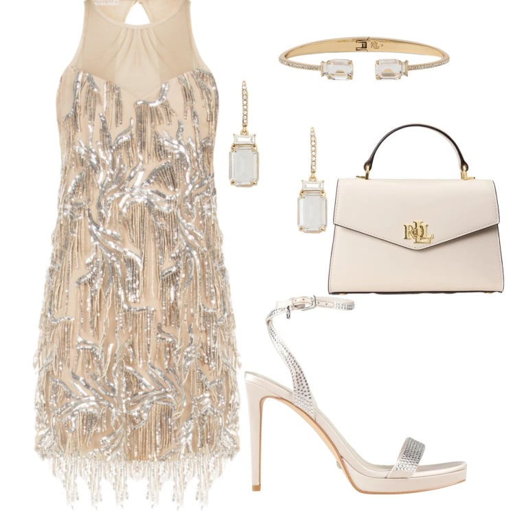 Outfit donna - Glamour con Rinascimento. Stile Glamour per Cerimonia. Abbinamento con sandali col tacco, vestiti corti, orecchini, braccialetti, borse a mano.