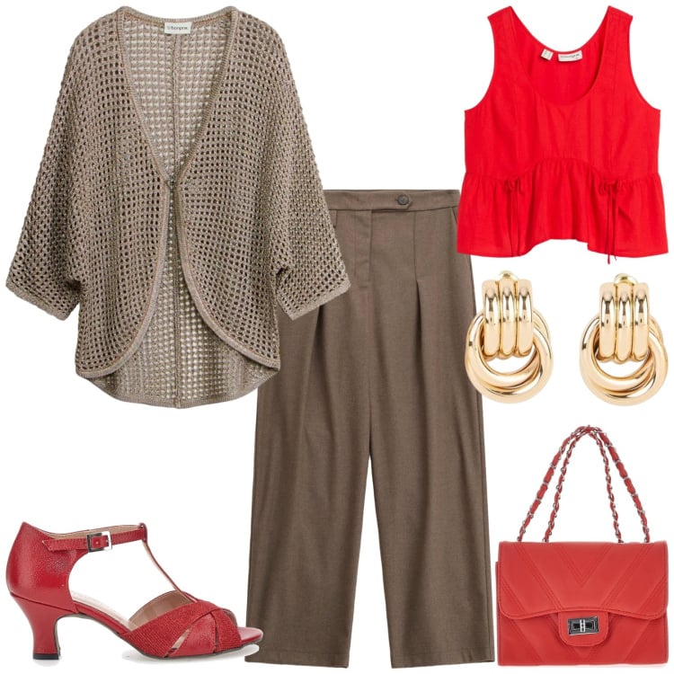 Outfit donna - Total look #2365805. Stile Chic per Serata fuori. Abbinamento con top, cardigans, orecchini, pantaloni, décolleté, borse a tracolla.
