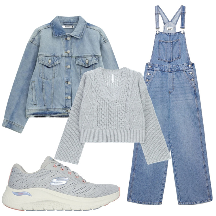 Outfit donna - Total look #2365806. Stile Casual per Scuola/Università. Abbinamento con salopette, blazer, maglieria, sneakers.