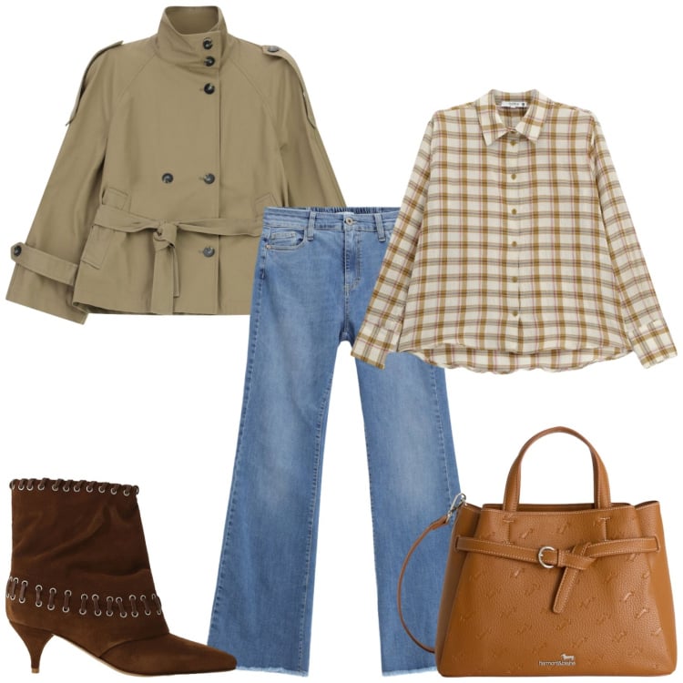 Outfit donna - Total look #2365807. Stile Casual chic per Ufficio. Abbinamento con borse a mano, camicie, jeans, trench, stivali.