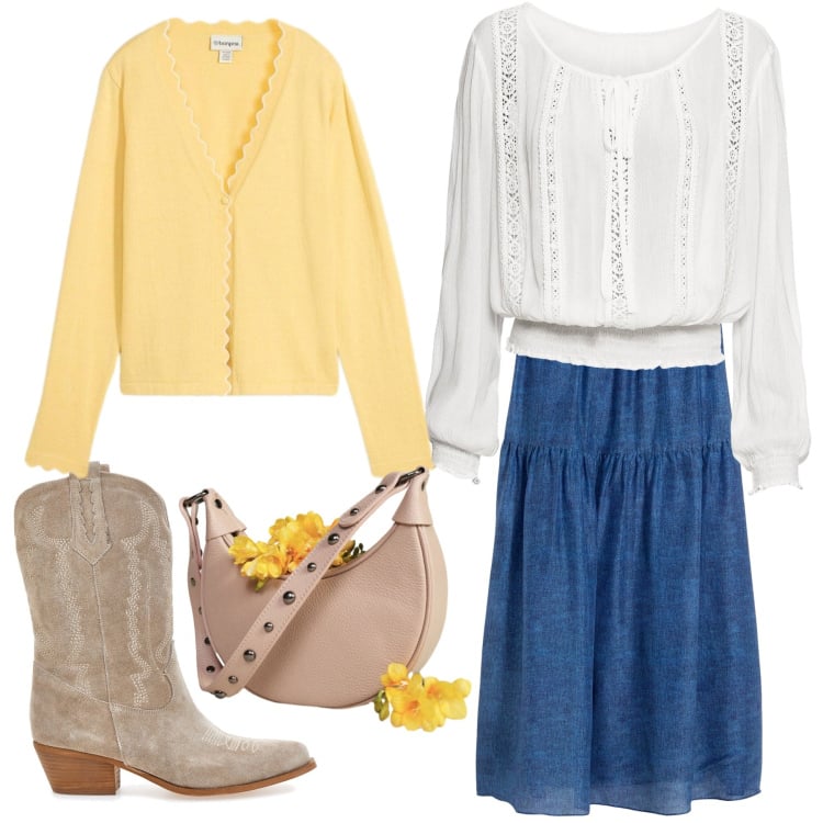 Outfit donna - Romantica ispirazione. Stile Romantica per Tutti i giorni. Abbinamento con bluse, gonne lunghe, cardigans, borse a spalla, stivaletti texani.