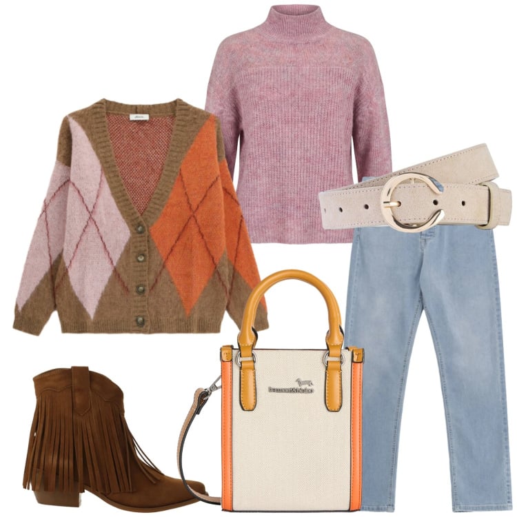 Outfit donna - Total look #2365810. Stile Casual chic per Tutti i giorni. Abbinamento con cinture, maglieria, borse tote, jeans, stivaletti texani, cardigans.