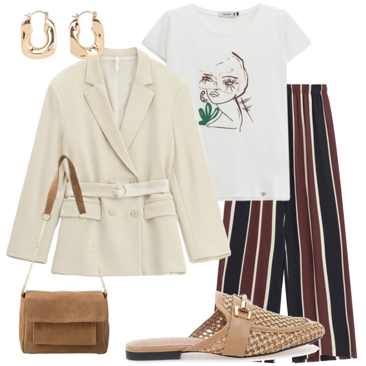 Outfit donna - Pantaloni a righe. Stile Urban per Tutti i giorni. Abbinamento con orecchini, borse a tracolla, t-shirt, blazer, pantaloni a palazzo, sabot.