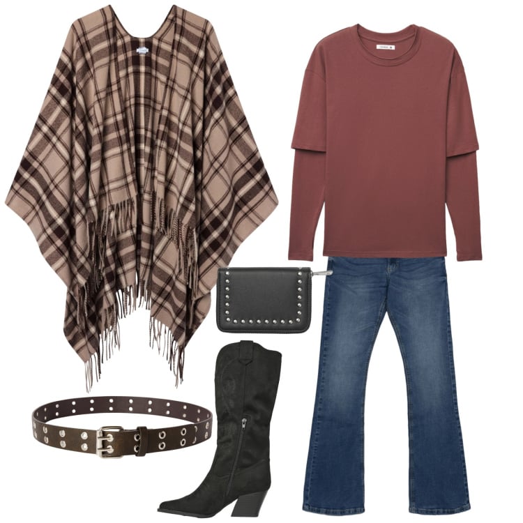 Outfit donna - Gringo in città. Stile Casual per Tutti i giorni. Abbinamento con t-shirt, cinture, cappotti, jeans a zampa, stivali, portafogli.