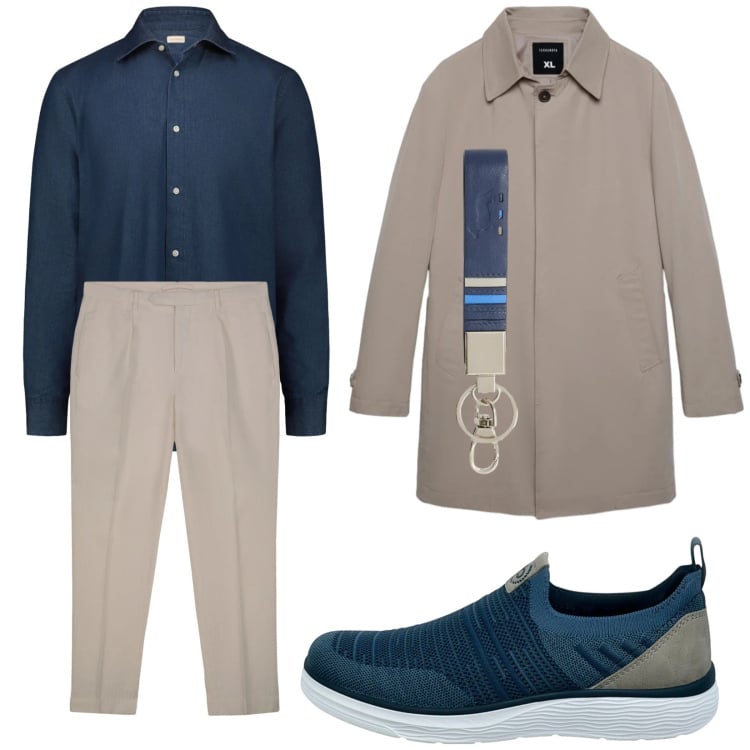 Outfit uomo - Una Bugatti comoda con stile. Stile Business/Elegante per Ufficio. Abbinamento con portachiavi, trench, scarpe stringate, pantaloni, camicie.