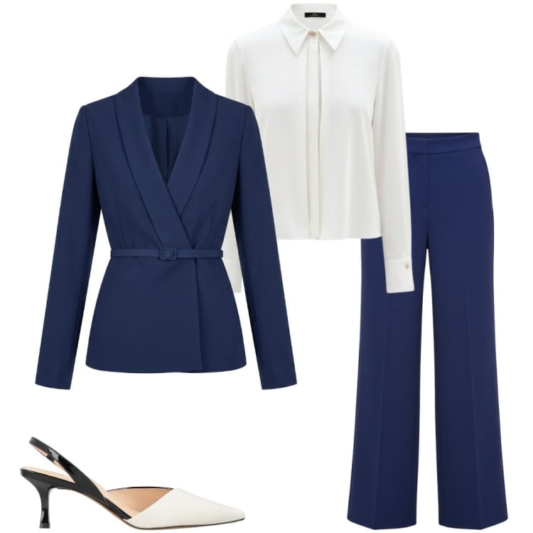 Outfit donna - Soft Power dressing. Stile Chic per Ufficio. Abbinamento con décolleté, blazer, pantaloni a palazzo, camicie.