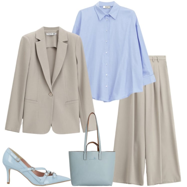 Outfit donna - Soft Power dressing. Stile Casual chic per Ufficio. Abbinamento con décolleté, shopping bag, pantaloni a palazzo, blazer, camicie.