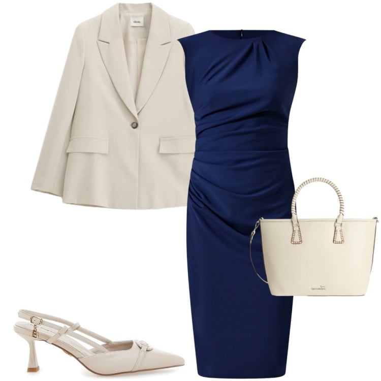 Outfit donna - Soft Power dressing. Stile Chic per Ufficio. Abbinamento con shopping bag, vestiti a tubino, blazer, décolleté.