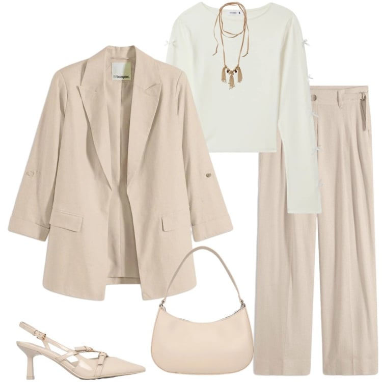 Outfit donna - Soft Power dressing. Stile Casual chic per Ufficio. Abbinamento con pantaloni a palazzo, blazer, décolleté, borse a tracolla, t-shirt, collane.