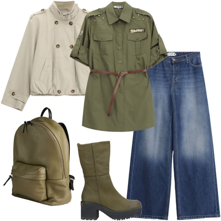 Outfit donna - Total look #2365837. Stile Military per Tutti i giorni. Abbinamento con zaini, stivaletti, jeans, camicie, giacche.