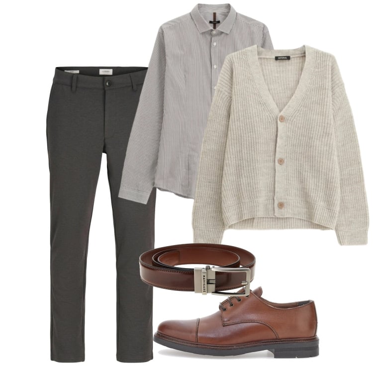 Outfit uomo - Elegante comfort. Stile Casual per Tutti i giorni. Abbinamento con pantaloni chino, camicie, cardigans, scarpe stringate, cinture.