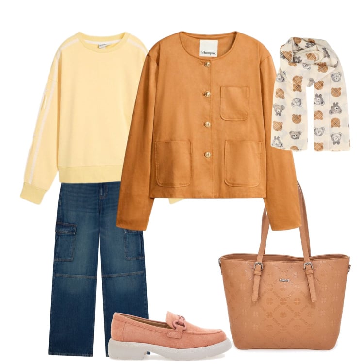 Outfit donna - Arancia.ta. Stile Casual per Tutti i giorni. Abbinamento con blazer, felpe, jeans, foulard, borse a tracolla, mocassini.