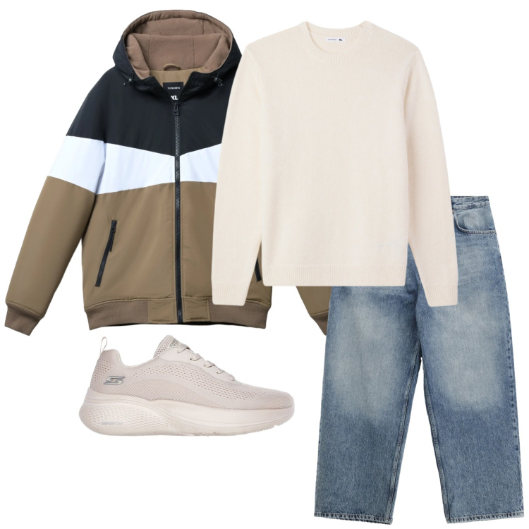 Outfit uomo - Marzo. Stile Urban per Tutti i giorni. Abbinamento con piumini, pullovers, jeans, sneakers.