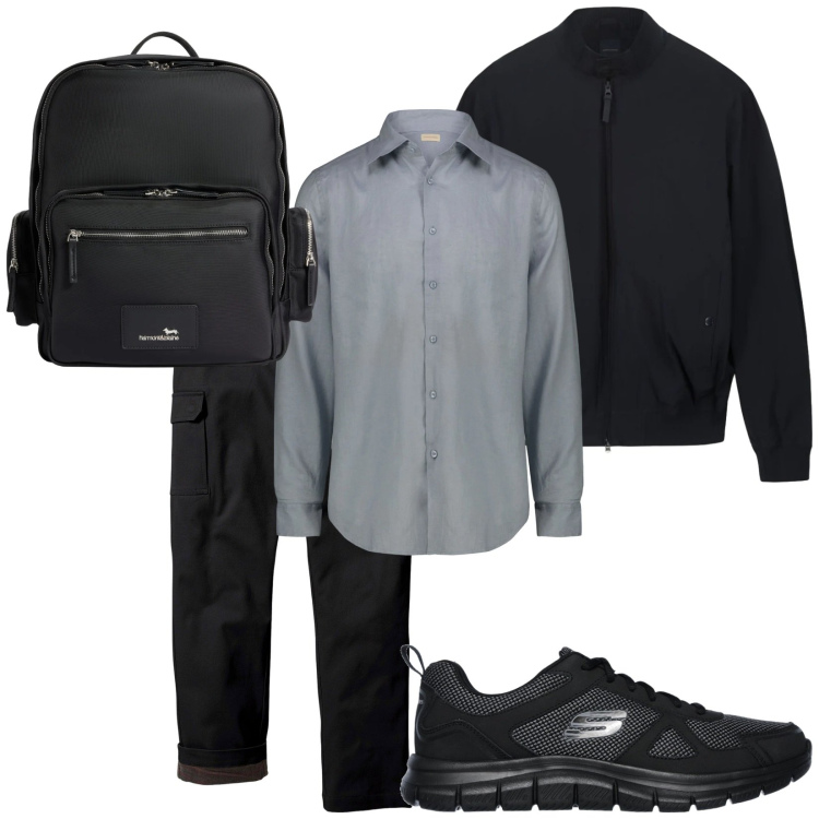 Outfit uomo - Business man. Stile Business/Elegante per Ufficio. Abbinamento con pantaloni cargo, borse sportive, sneakers, camicie, bomber.