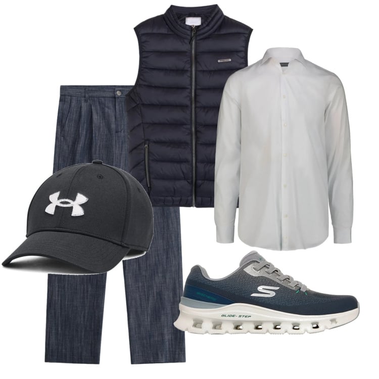 Outfit uomo - Giornata di sole. Stile Urban per Tutti i giorni. Abbinamento con pantaloni, piumini, cappelli, camicie, scarpe sportive.
