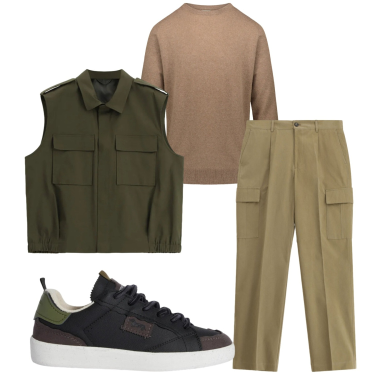 Outfit uomo - Total look #2365858. Stile Urban per Tutti i giorni. Abbinamento con pantaloni cargo, gilet, sneakers, maglieria.
