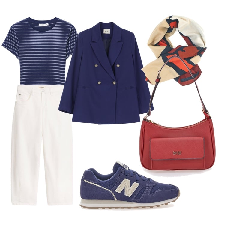 Outfit donna - Blu e Co. Stile Casual chic per Ufficio. Abbinamento con pantaloni, t-shirt, blazer, sneakers, borse a spalla, foulard.