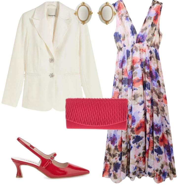 Outfit donna - Romantica cerimonia evento. Stile Romantica per Cerimonia. Abbinamento con blazer, vestiti lunghi, orecchini, décolleté, pochette.