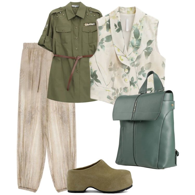 Outfit donna - Primavera. per Tutti i giorni. Abbinamento con zaini, camicie, gilet, pantaloni, zoccoli.