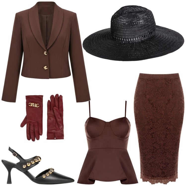 Outfit donna - Total look #2365869. Stile Glamour per Cerimonia. Abbinamento con décolleté, cappelli, guanti, gonne longuette, canottiere, blazer.