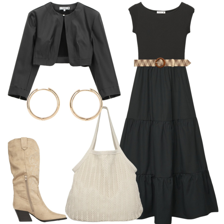 Outfit donna - Total look #2365870. Stile Urban per Tutti i giorni. Abbinamento con orecchini, blazer, stivali, shopping bag, cinture, vestiti lunghi.