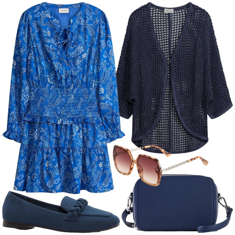 Outfit donna - Total look #2365873. Stile Basic per Tutti i giorni. Abbinamento con vestiti corti, borse a tracolla, occhiali da sole, mocassini, cardigans.