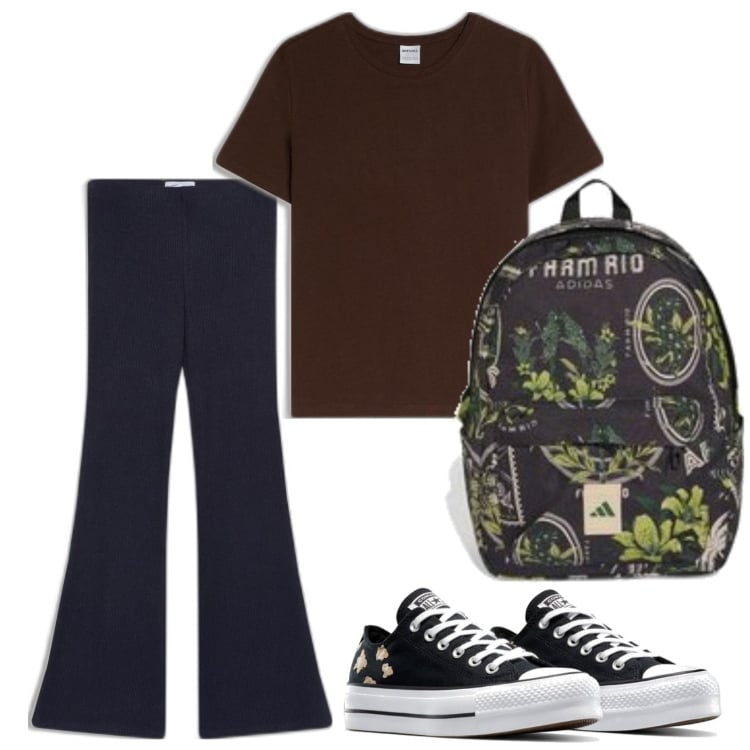 Outfit mujer - Casual look. Estilo Casual para Todos los días. Combinación con sneakers, camiseta, pantalones, mochilas.