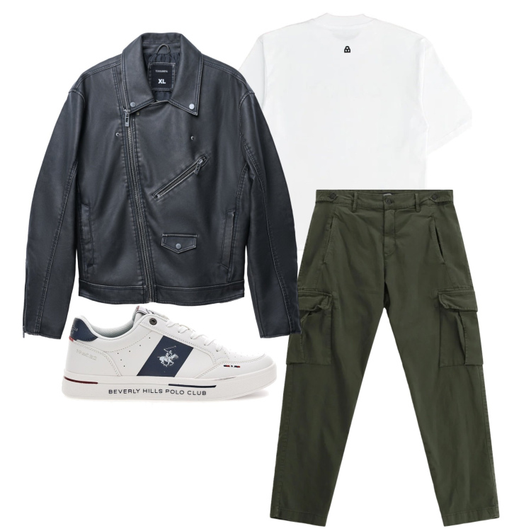 Outfit uomo - Marzo. Stile Trendy per Tutti i giorni. Abbinamento con giacche, pantaloni cargo, maglieria, sneakers.
