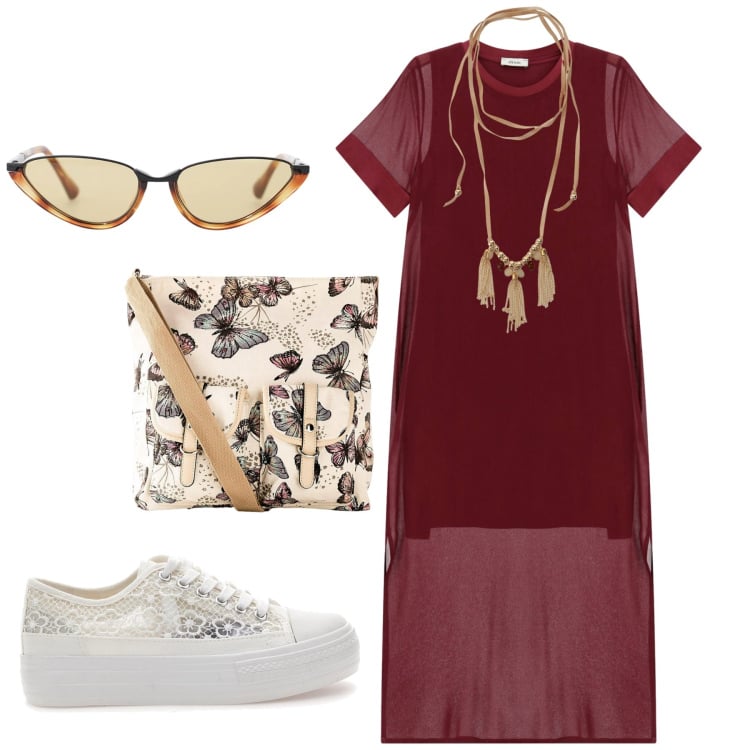 Outfit donna - Total look #2365879. Stile Basic per Tutti i giorni. Abbinamento con borse a tracolla, occhiali da sole, vestiti midi/longuette, collane, sneakers.