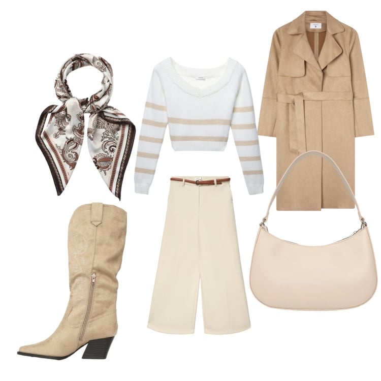 Outfit donna - Bella in beige. Stile Casual chic per Mare. Abbinamento con pantaloni, borse a tracolla, maglieria, trench, foulard, stivali.