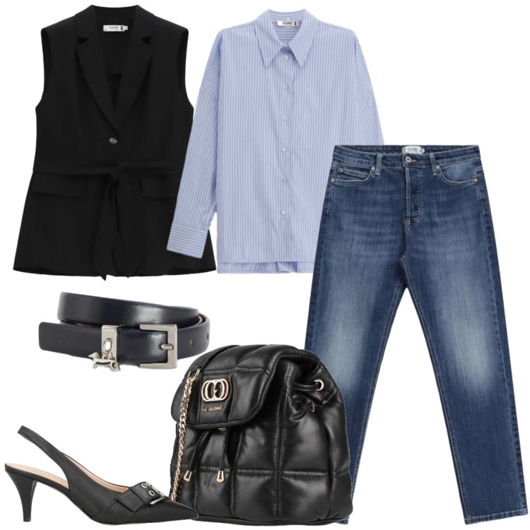 Outfit donna - Ufficio - serata. Stile Casual chic per Ufficio. Abbinamento con valigie, décolleté, cinture, gilet, jeans, camicie.