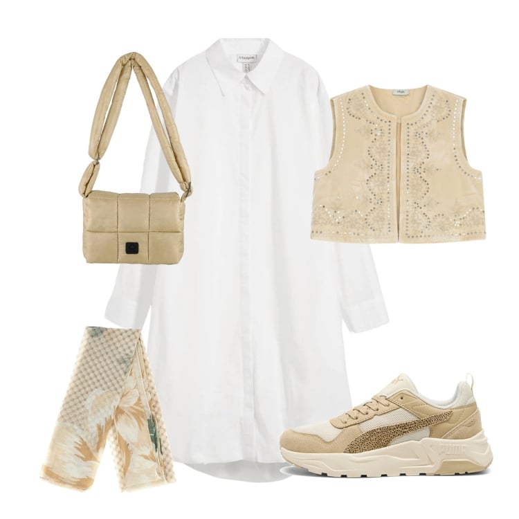 Outfit donna - Armonia e libertà. Stile Trendy per Tutti i giorni. Abbinamento con vestiti chemisier, borse a spalla, gilet, sneakers, foulard.