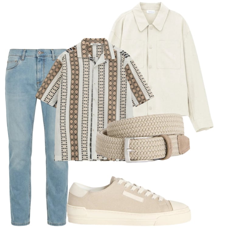 Outfit uomo - Sole a 20 gradi. Stile Casual per Tutti i giorni. Abbinamento con jeans slim fit, cinture, sneakers, camicie, camicie a manica corta.