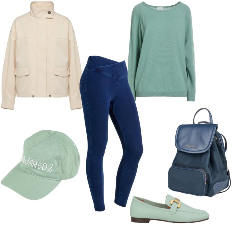 Outfit donna - Pasquetta fuori porta. Stile Casual per Tutti i giorni. Abbinamento con pullovers, mocassini, zaini, cappelli con visiera, bomber, leggings.