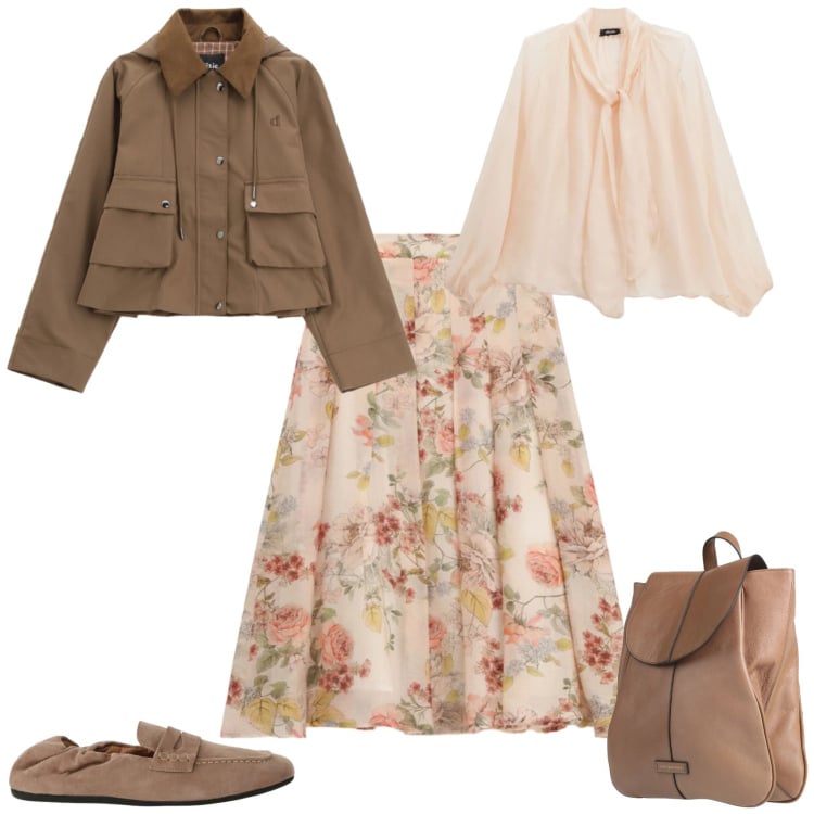 Outfit donna - Primavera ufficio tempo libero. Stile Casual chic per Tutti i giorni. Abbinamento con zaini, gonne lunghe, parka, bluse, mocassini.