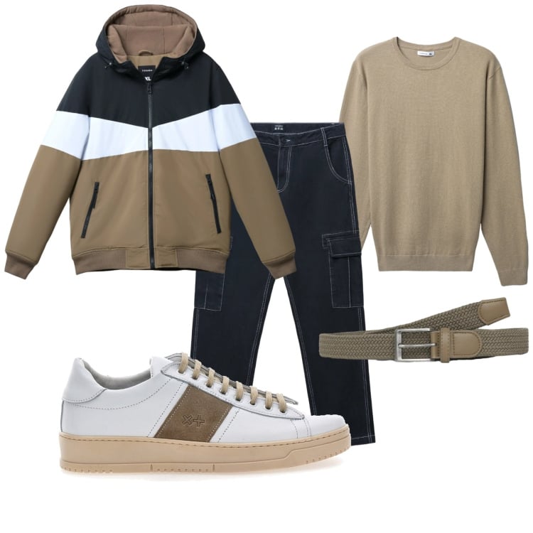 Outfit uomo - A spasso con il cane. Stile Casual per Tutti i giorni. Abbinamento con cinture, pantaloni cargo, piumini, maglieria, sneakers.