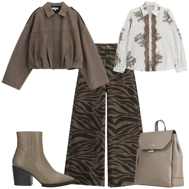 Outfit donna - Primavera ufficio tempo libero. Stile Sporty chic per Tutti i giorni. Abbinamento con stivaletti, zaini, bomber, camicie, pantaloni a palazzo.