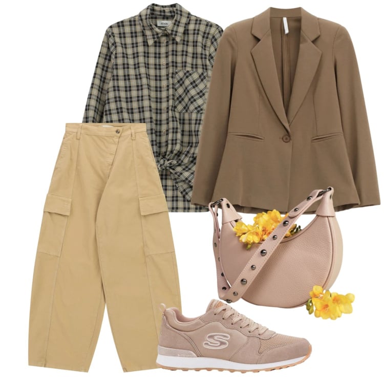 Outfit donna - Camicia a quadri. per Tutti i giorni. Abbinamento con sneakers, pantaloni cargo, blazer, camicie, borse a spalla.