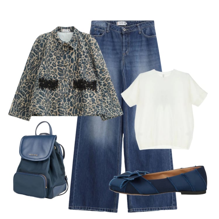 Outfit donna - Denim primaverile. Stile Casual chic per Ufficio. Abbinamento con ballerine, zaini, jeans, blazer, t-shirt.