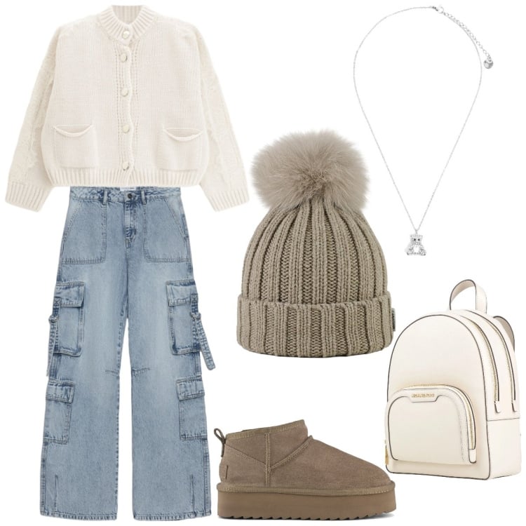 Outfit donna - Primavera. Stile Casual per Tutti i giorni. Abbinamento con zaini, jeans, berretti, cardigans, ciondoli, stivaletti.