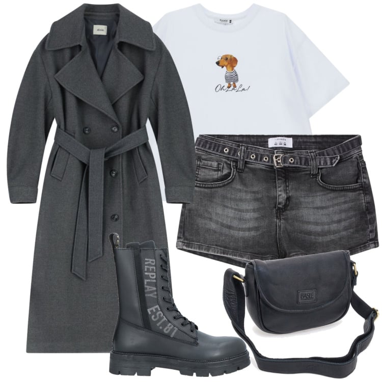 Outfit donna - Shorts & trench. Stile Military per Tutti i giorni. Abbinamento con anfibi, shorts, t-shirt, cappotti, borse a tracolla.